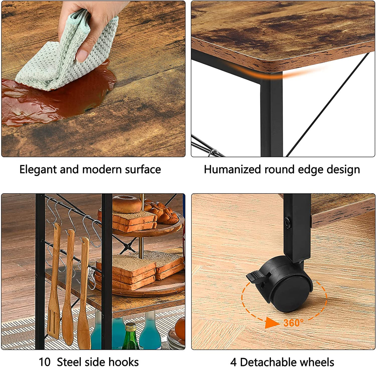 3-Tier Kitchen Utility Storage Shelf with Rolling Wheels, 10 Hooks, Brown F251