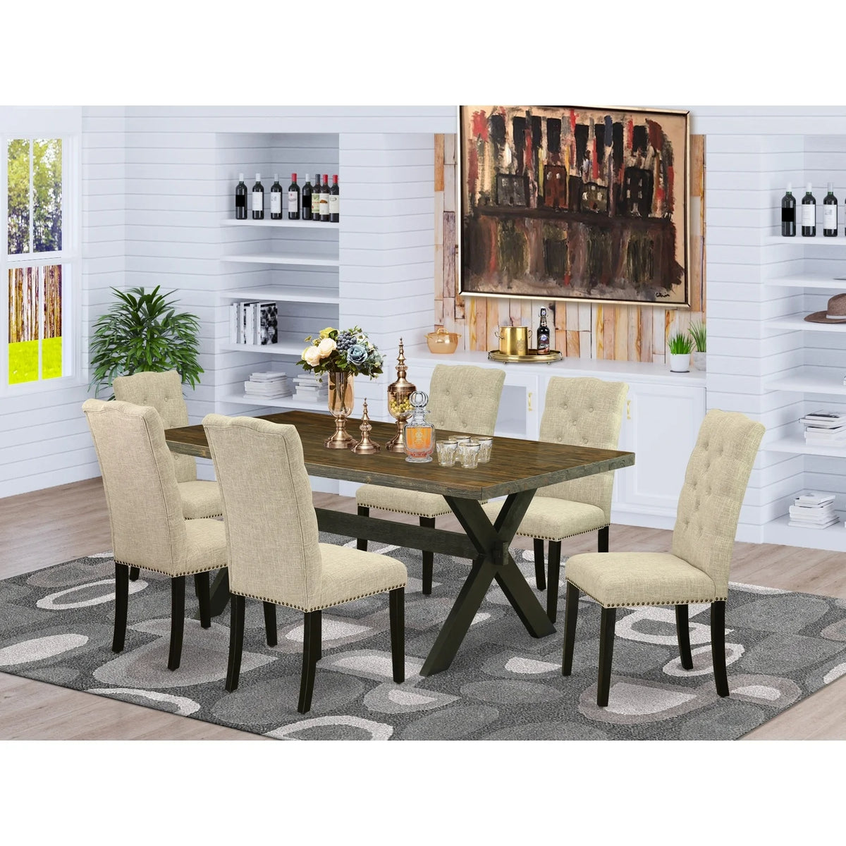 7-Piece Solid Wood Frame Dining Table Set with 6 Parson Chairs T341