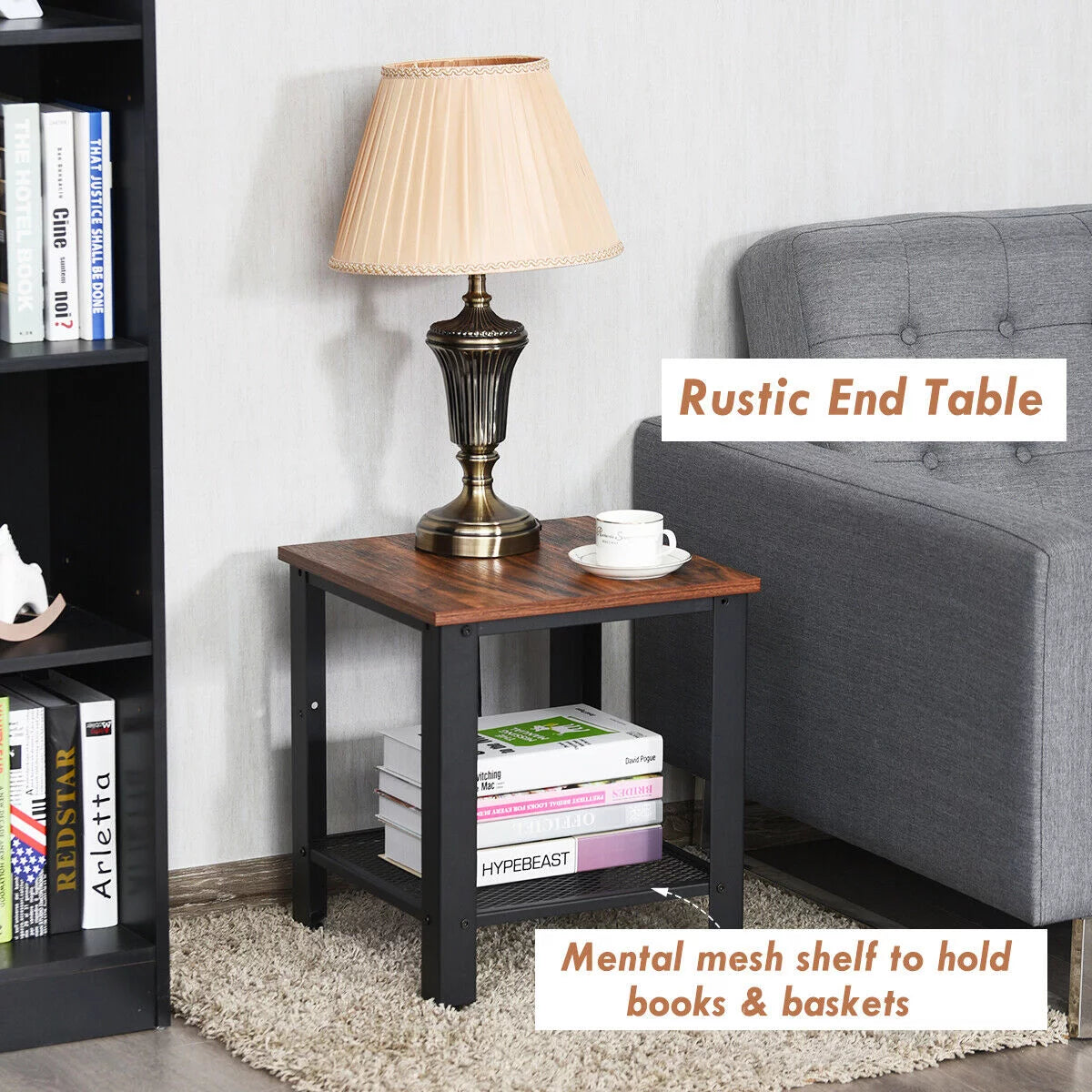 Set of 2 Black 2 Tier Side Table with Storage Shelf H98993