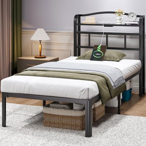 Black 14 Inch Full Size Metal Platform Bed Frame with Storage Headboard and Charging Station D609642