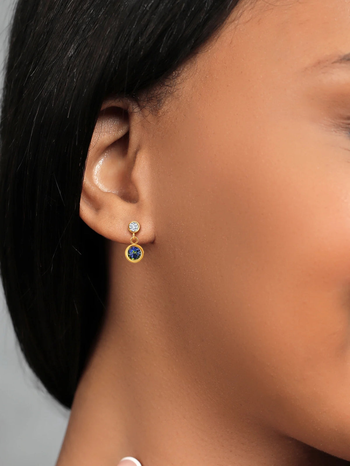 14K Yellow Gold Blue Mystic Topaz and White Diamond Two Stone Bezel Dangle Earrings D1832