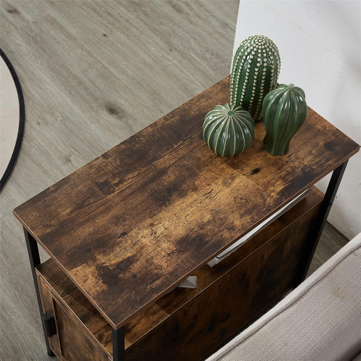 Rustic Brown Wooden End Table with Shelf and Storage Cabinet D656548