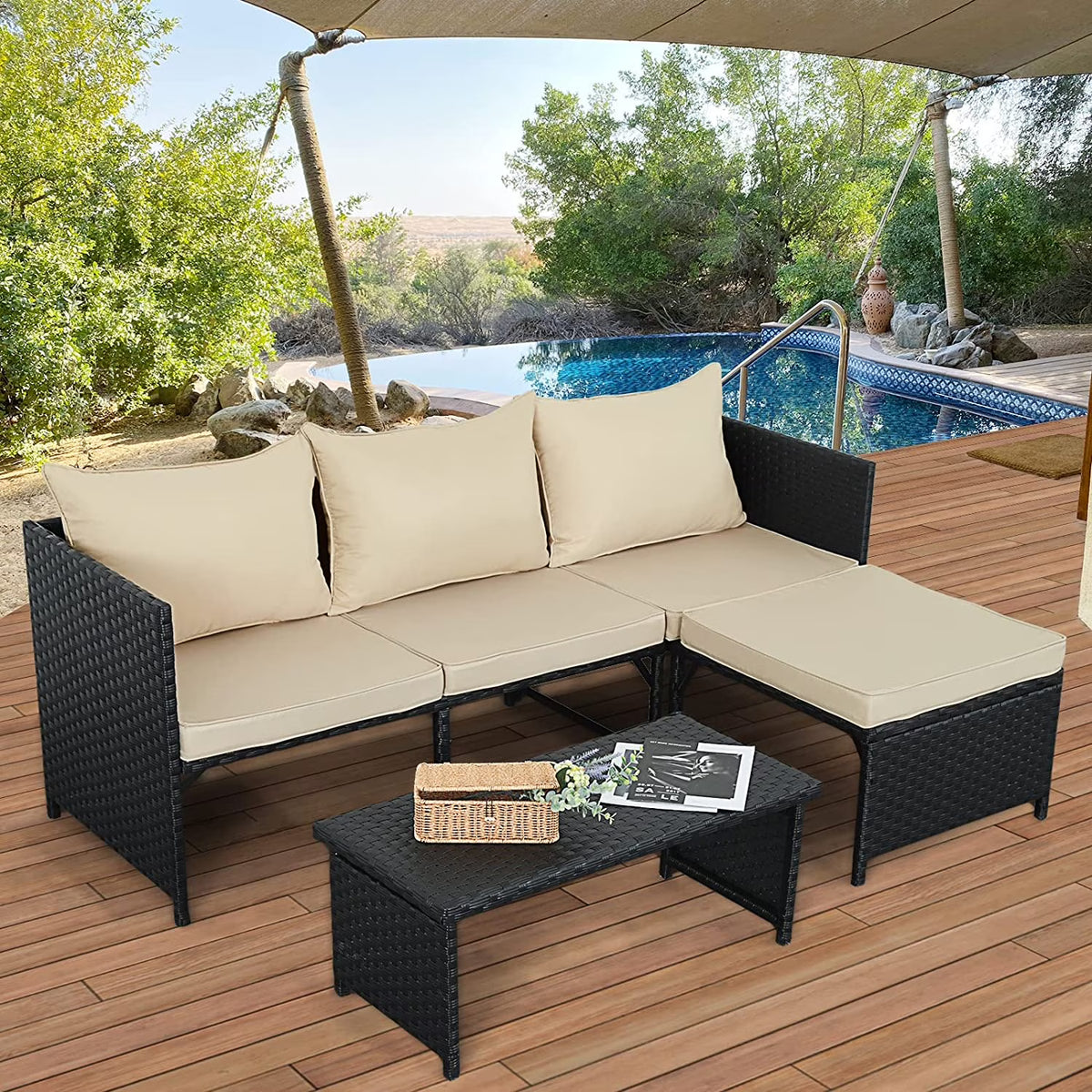 3-Piece Outdoor PE Rattan Patio Conversation Sofa Set R635514