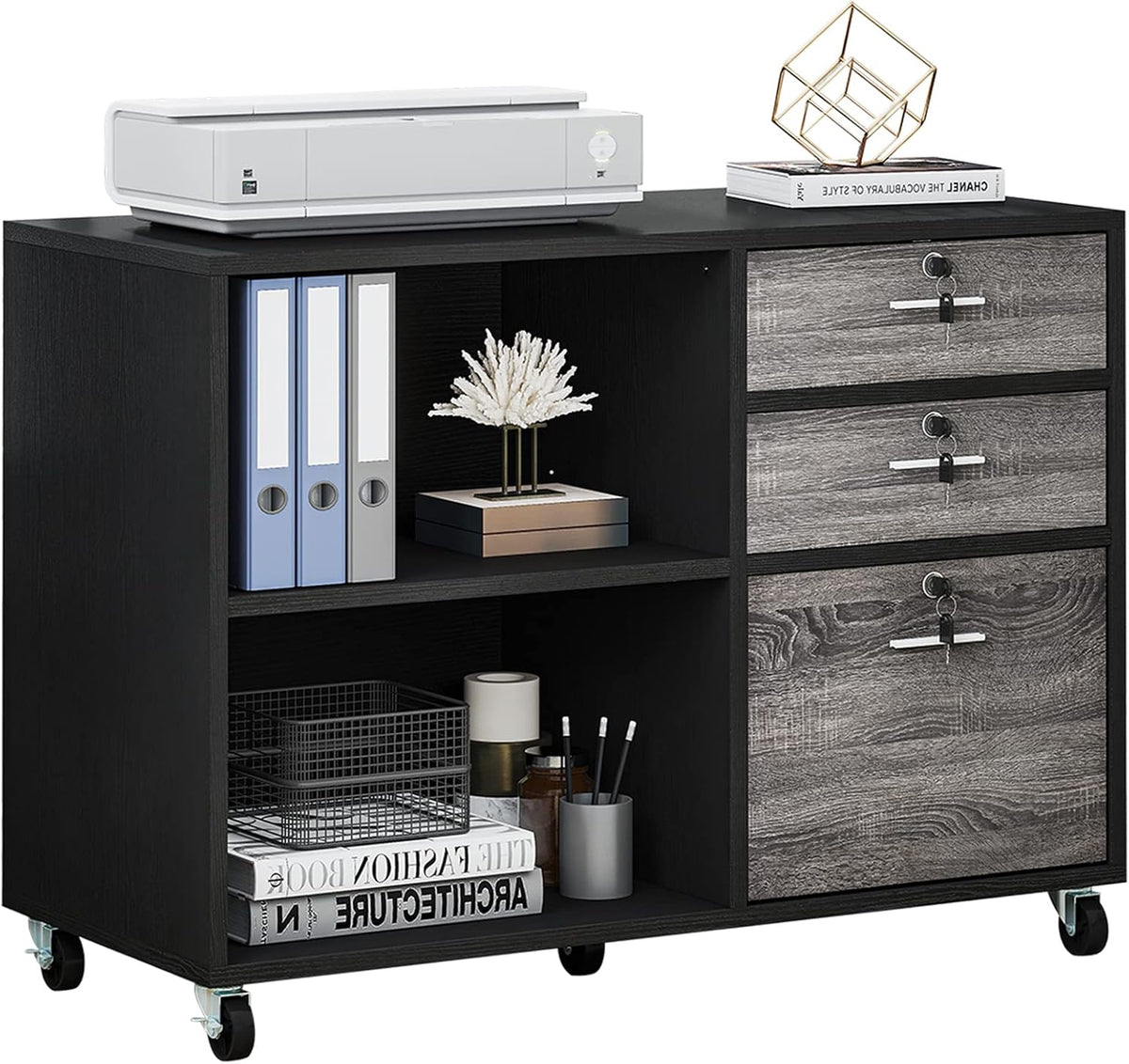 Grey 3 Drawer Mobile Lateral Filing Cabinet with 2 Open Shelves B59808